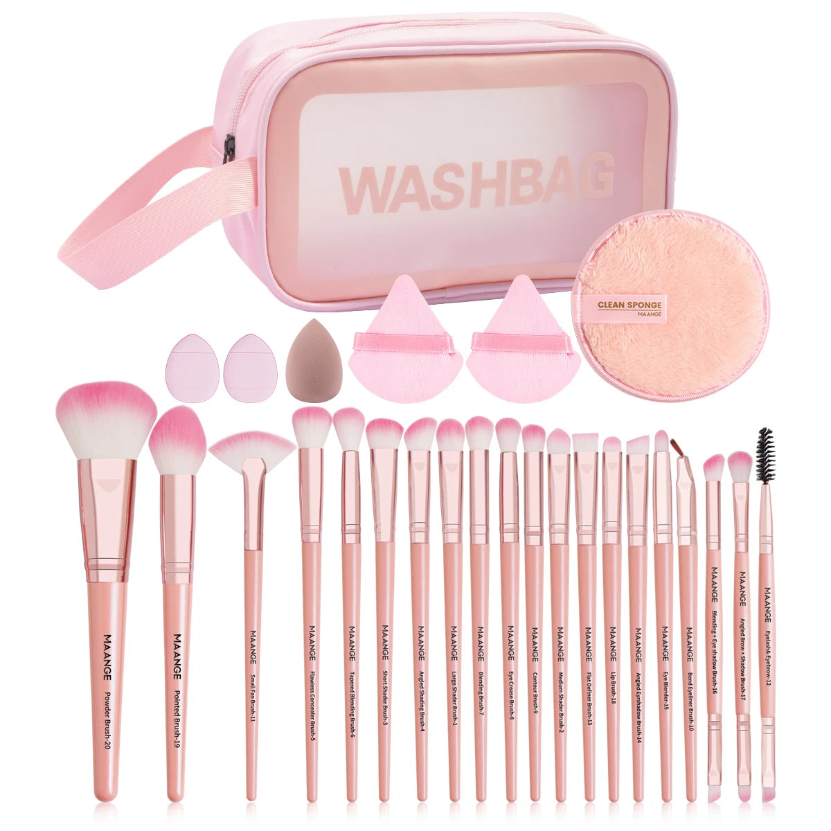 27-Piece Professional Makeup Tools Kit with 20 Foundation, Contour, and Blush Brushes, Triangle Powder Puff, Makeup Remover Puff, and Travel Bag