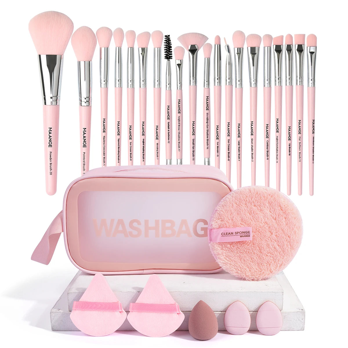 27-Piece Professional Makeup Tools Kit with 20 Foundation, Contour, and Blush Brushes, Triangle Powder Puff, Makeup Remover Puff, and Travel Bag
