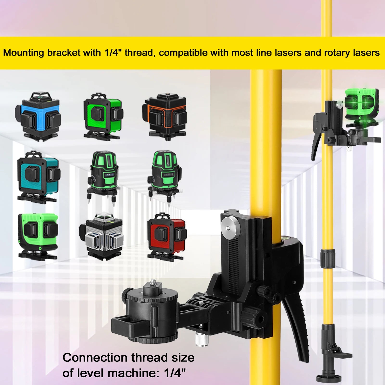 Max4.2M Telescopic Pole for Line Leveler Aluminum Alloy Adjustable Lift Extend Bracket Holder Stand for 1/4''& 5/8'' Laser Level