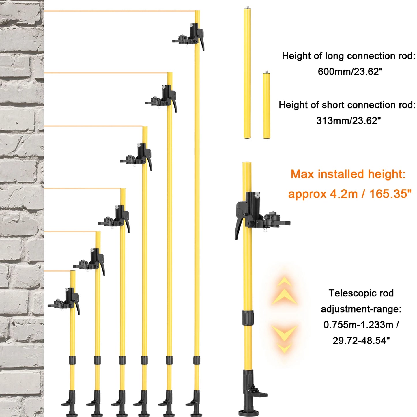Max4.2M Telescopic Pole for Line Leveler Aluminum Alloy Adjustable Lift Extend Bracket Holder Stand for 1/4''& 5/8'' Laser Level