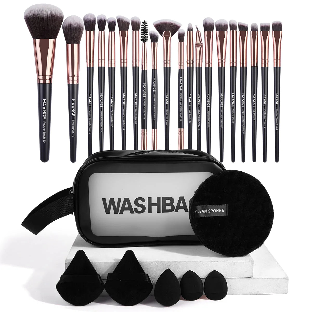 27-Piece Professional Makeup Tools Kit with 20 Foundation, Contour, and Blush Brushes, Triangle Powder Puff, Makeup Remover Puff, and Travel Bag