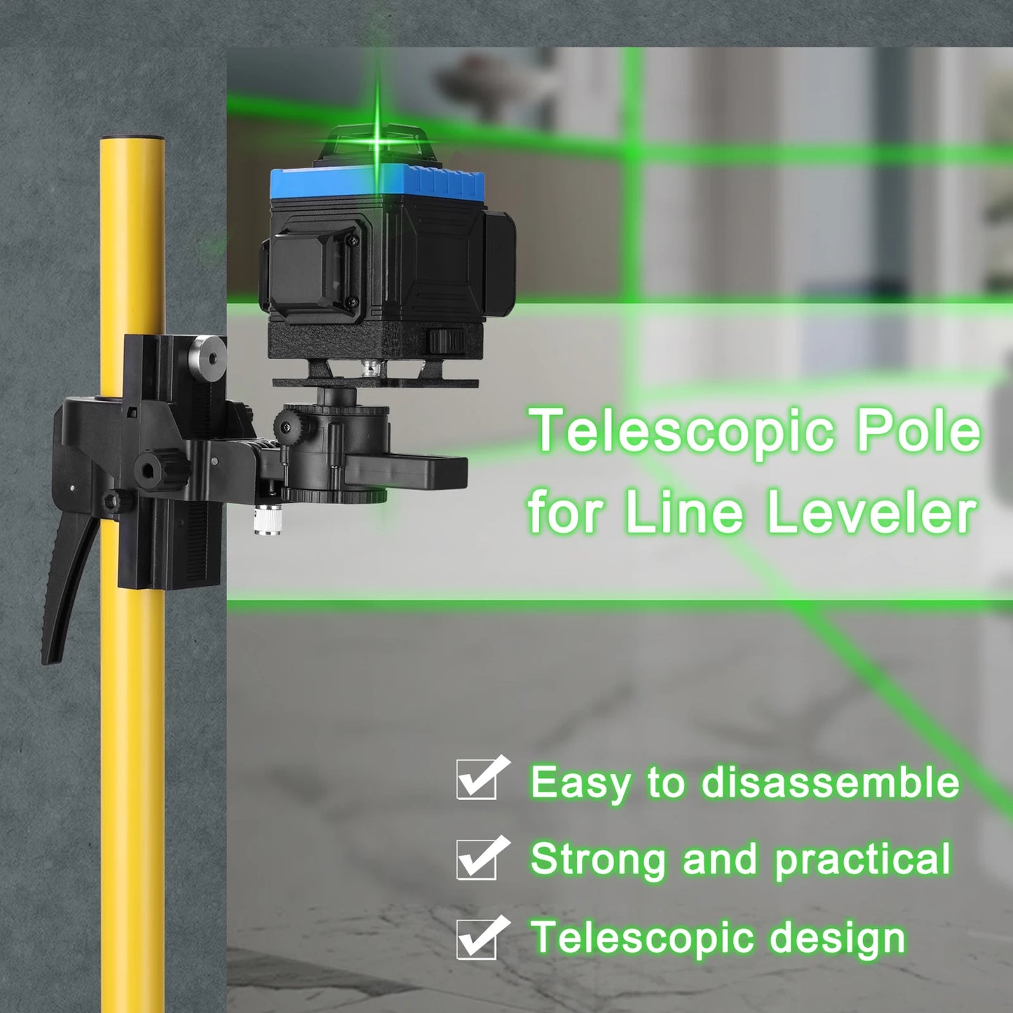 Max4.2M Telescopic Pole for Line Leveler Aluminum Alloy Adjustable Lift Extend Bracket Holder Stand for 1/4''& 5/8'' Laser Level
