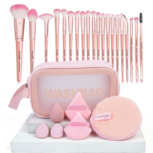 27-Piece Professional Makeup Tools Kit with 20 Foundation, Contour, and Blush Brushes, Triangle Powder Puff, Makeup Remover Puff, and Travel Bag